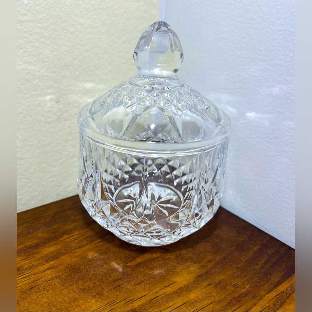 Vintage Pressed Cut Glass Sugar Bowl/Candy Dish w/ Lid Starburst Diamond Fan